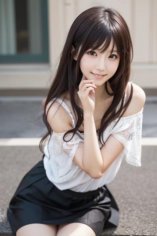  Realistic Photo Quality 、A Japanese model is sitting wearing white clothes and a black skirt,  black skirt、 cosplay, anime girl  cosplay,  cosplay photo, Anime Goddess,  elegant glamourous  cosplay, プロフェッショナル  cosplay、 looking at camera、Detailed and beautiful eyes、 cute smile、 soft and gentle expression 