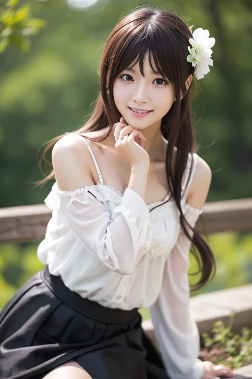  Realistic Photo Quality 、A Japanese model is sitting wearing white clothes and a black skirt,  black skirt、 cosplay, anime girl  cosplay,  cosplay photo, Anime Goddess,  elegant glamourous  cosplay, プロフェッショナル  cosplay、 looking at camera、Detailed and beautiful eyes、 cute smile、 soft and gentle expression 