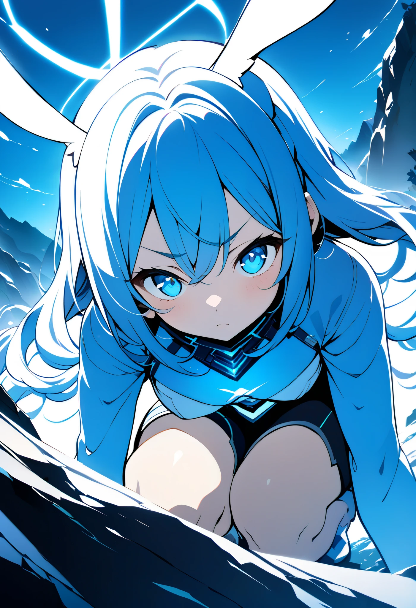 (Anime illustration of a girl with a rabbit motif. Squatting down. The effect of storing energy in the legs. The energy is blue and shining. The background is a scene in the mountains. Angle viewed from top to bottom. A serious expression. masterpiece, best quality, extremely detailed CG unity 8k wallpaper,