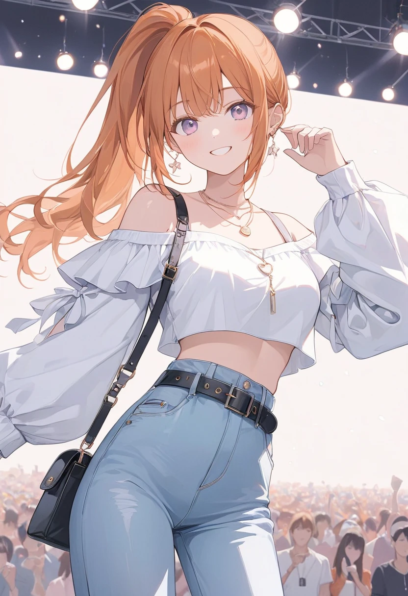 woman,Alone,front, Cowboy Shot ,pastel,smile,happiness,Mauve Eyes , orange hair, ponytail,pendant, White Off Shoulder Knit, Volume Sleeves ,Cropped trousers,Black Belt,denim, Pouch Background White ,Simple Masterpiece , best quality,Exquisite,8k,  absurd, super detailed illustration,( audience )
