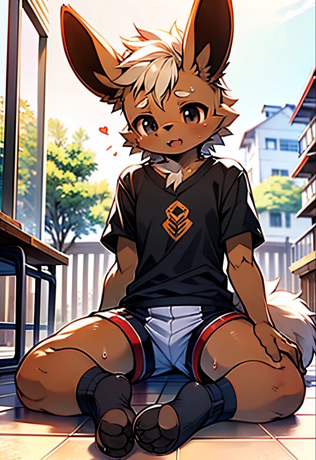  Masterpiece ， measurements， Resolution Ridiculous ，number\（一件Artwork\）， Kiyoyama ,（ Fluffy Fur ：1.1），（Brightness：0.8）， Shota，Youth， Flareon , （Black eyes，Full of hair， cat nose ：1.2），眼睛有Brightness，Wide angle view，Focus character 。 background details ，(stripe football t-shirt， shorts, Sweating，：1.2）， Flareon ,  Flareon  Male，Sit on the floor， Abstract Research ， Short Socks ，elementary school，football，The crotch protrudes.,  Sweat Wet Clothes，Very suitable ，Lively，cute， Masterpiece , measurements, Abstract Research ,number\(Artwork\), yes, ( Hana Charcoal , Fluffy Fur ,Focus character :1.1), Short hair,portrait ,  His Eyes Very Bright , Wide angle view, Focus character .( background details :0.7),
