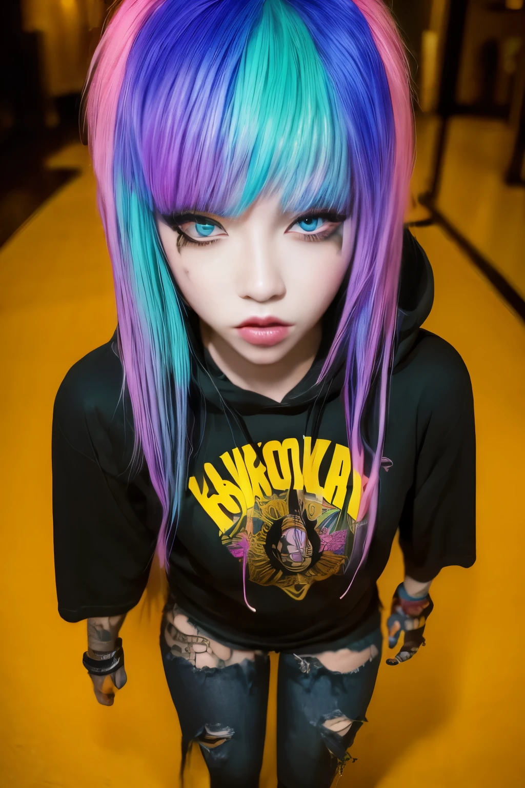 The most beautiful and sexy punk girl, rainbow colored hair, yellow eyes, wearing hoodie, graphic t-shirt, torn skinny jeans and highly detailed, tons of tattoos and piercings, highly detailed background, perfect masterpiece, high quality, high resolution