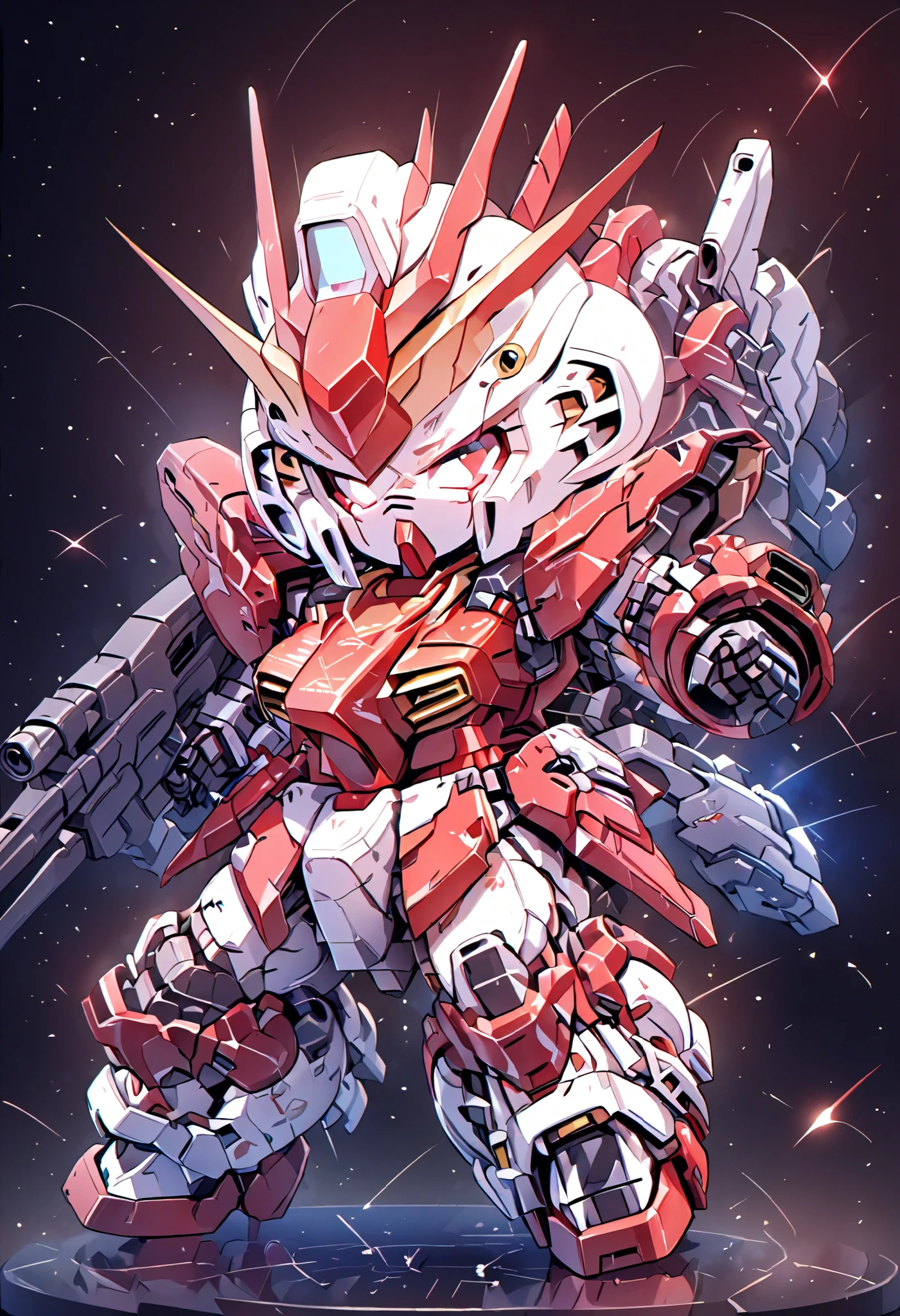 ((masterpiece)), accurate, textured skin, ((super detail)), high quality, high details, highres, best quality, chibi, Gundam, robots, deformed characters, space, star wars, Metallic red armor, Beam rifle, Heavy Armor, girl, shooting stars, mecha_musume