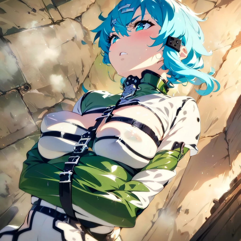  one girl  ,   Movie-like  , Game CG,   Animated Screenshot,   Official Art, masterpiece,   best quality,  Constraints着を着た少女 , Latexstraitjacket, Disheveled Hair, Restraint Belts Everywhere  ,Arms tied, Latex straitjacket , sinonggo, aqua eyes, short hair, aqua hair, sidelocks, hair between eyes, hairclip, hair ornament, green jacket, leotard, scarf, gloves, long sleeves, medium breasts, Constraints,  crosses her arms under her chest, prison, blue hair, Angry face,  blush, Wet clothes,  sheer clothes,   face up ,  face up ,  white bra with room lighting, White clothes,  sheer bra,  upper body,  from below, to close range, Kiss, See-through boobs