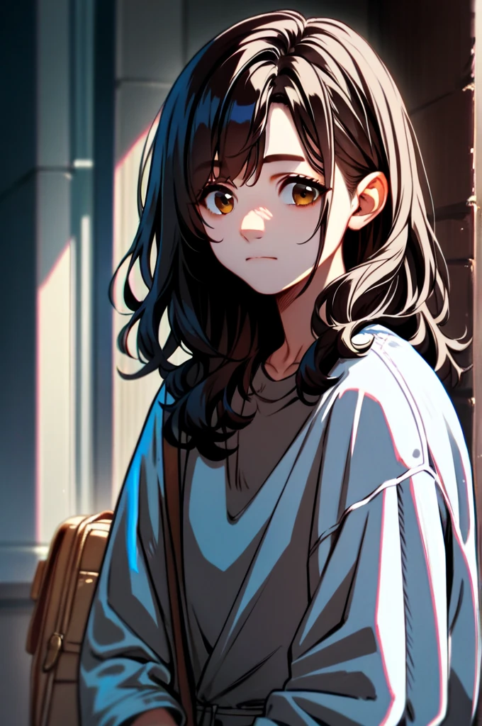 Create an anime of a brunette with brown eyes and wavy black hair 