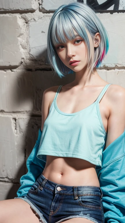 (Super detailed, ultra high resolution, detailed background),((2D)),(( flat color )),(( colorful )),((floating  colorful  water)),super close up of chest, focus on chest, One Girl, alone, Very detailed face, sitting in front of a wall covered in hip hop graffiti, Cyberpunk neon cityscape,Pixie cut white hair, She is wearing a short neon tank top and an open hoodie, denim up shorts, Nice ass, (flat chest:1.2), nsfw 