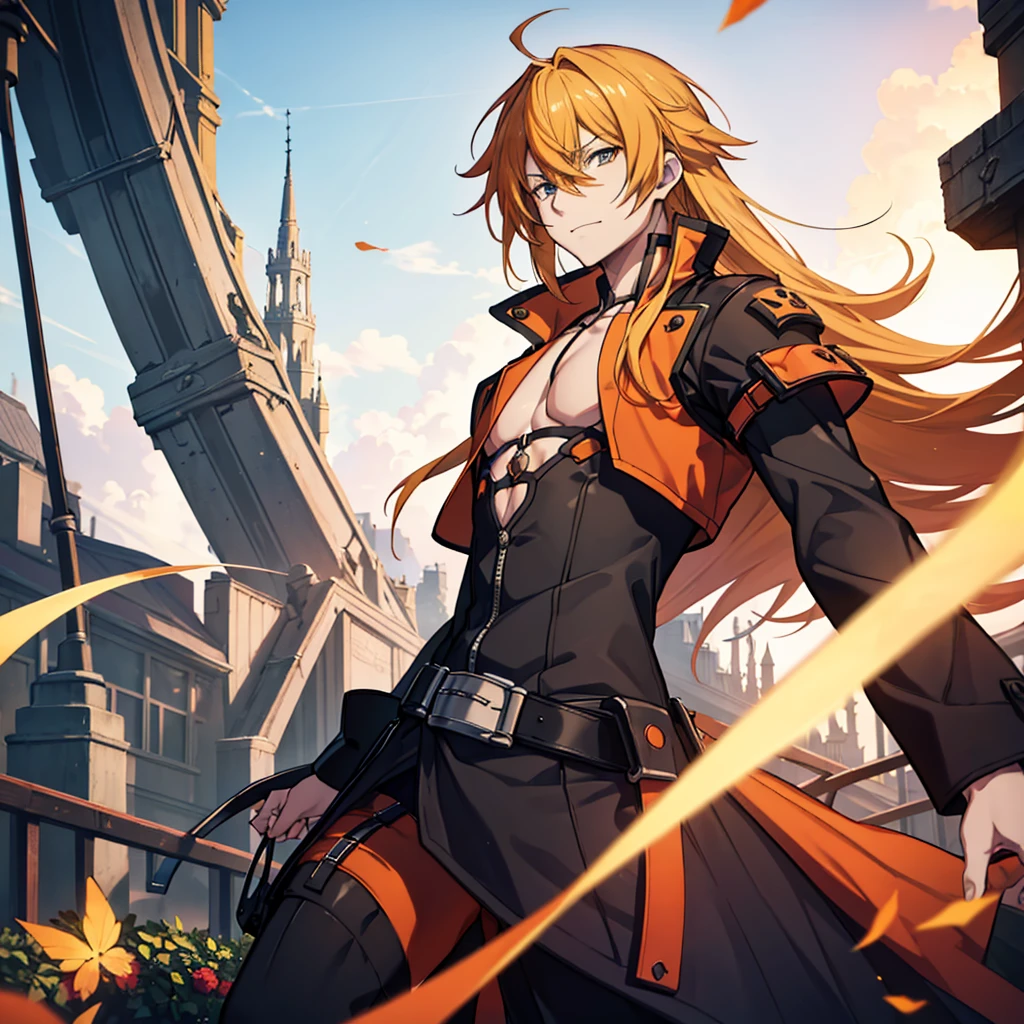 GUILTY GEAR, {{{{{Illustration of a person}}}}, {{{ orange battle coat}}}, Orange and black outfit ,  long brand hair,  straight hair ,  long bangs  ,  close your mouth and laugh , ４０age,  handsome, Narrow green eyes ,  Official Art、  best quality、  Unity 8K Wallpaper 、32K、masterpiece、 super detailed, Male nose, Male Eyes  , Male outline  , {{{ carrying a large red sword }}}, Fighting in the old battlefield ,  acrobatic poses,