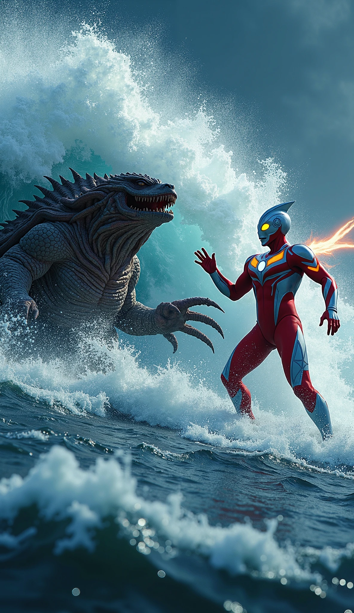 Generate an image of two male swimmers and three female swimmers as part of a swimming team called 'Aqua Dragones'. The swimmers are in dynamic poses, ready for action, wearing sleek team uniforms in shades of blue and silver with a dragon emblem. In the background, a majestic dragon is flying, its wings spread wide, casting an imposing presence over the scene. The setting is enhanced with artificial lighting, creating dramatic shadows and highlights that add intensity to the image. The atmosphere is energetic and competitive, capturing the spirit of the team.