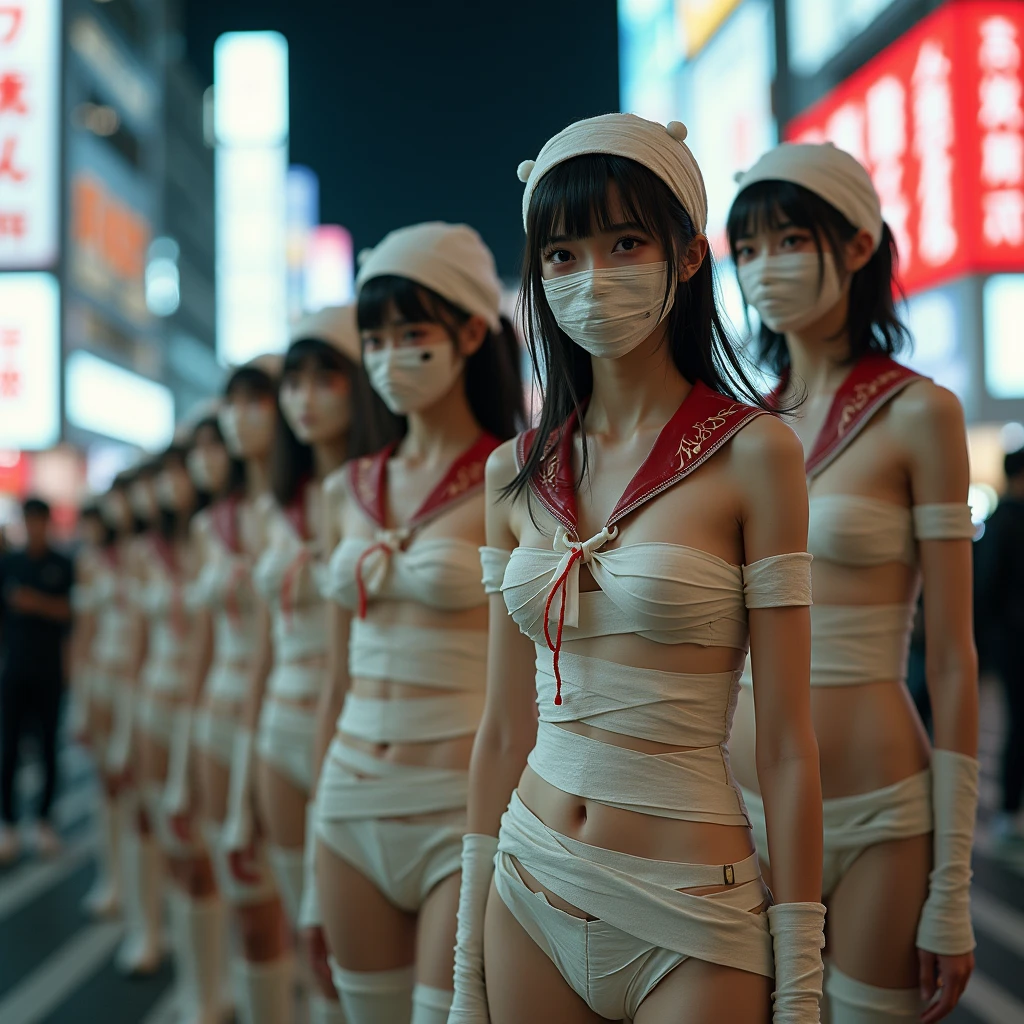 (((SFW, NSFW STILL SHOW, 12 Tiny Girls in a row:1.2, Shibuya Hachiko-mae scramble crossing on Halloween:1.2))), (masterpiece:1.2, (photorealistic:1.37)), {(Standing Full Body:1.2)|(from below:1.2)}, short silver hair, {naked bandage|tutu|School Uniform}, ((Detailed KAWAII face), Perfect eyes, {Detailed Oily Porcelain skin|Detailed glistening tanline:1.2}), {Bustling street|Crossroads|(Passerby schoolgirls)| halloween| neon}, {(Childish:1.2|Gigantic Cleavage:1.37|Underboob:1.2)}, {flower wreath|Red leather high collar}, {Floating hair|Strong wind|((Ass focus))},{(Kissing face to face)|:p|:d|laugh|sparkle|joyful|delighted},extremely Detailed,