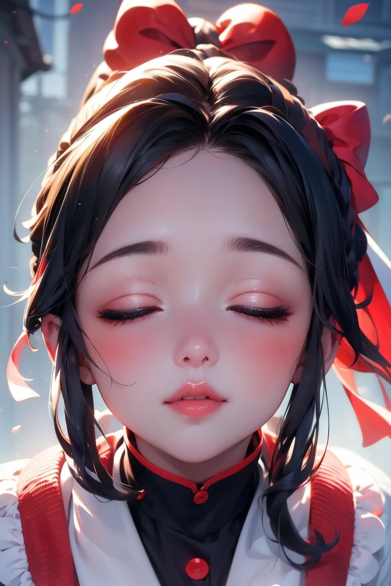 Focus on the lips、Kiss、 face up 、 eyes closed、 High Ponytail 、 red cheeks 、 pubic skin、 realistic、 super quality、