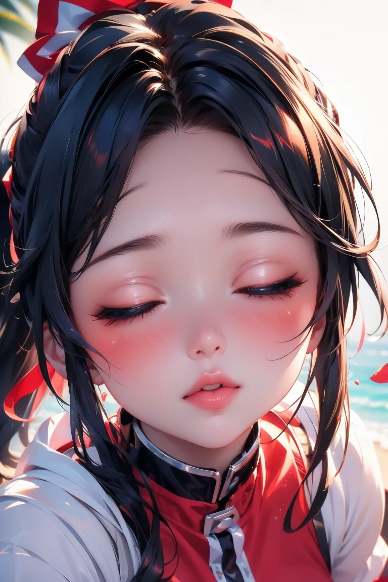 Focus on the lips、Kiss、 face up 、 eyes closed、 High Ponytail 、 red cheeks 、 pubic skin、 realistic、 super quality、