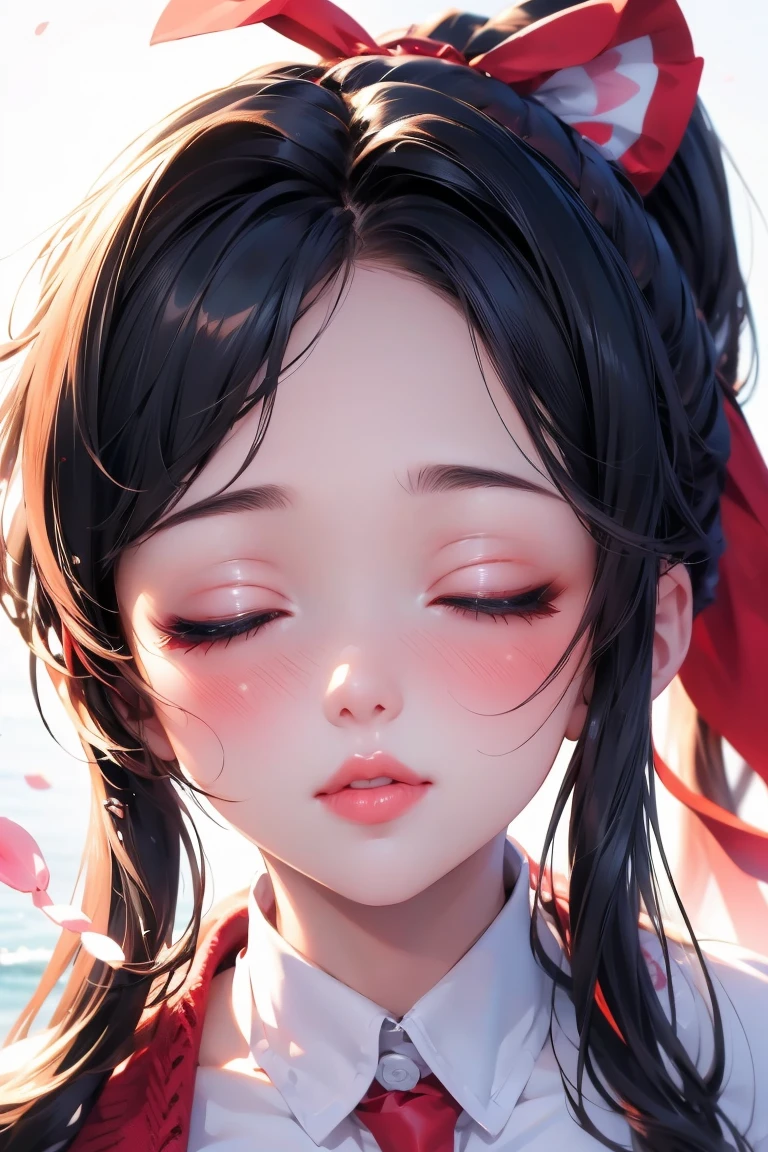 Focus on the lips、Kiss、 face up 、 eyes closed、 High Ponytail 、 red cheeks 、 pubic skin、 realistic、 super quality、