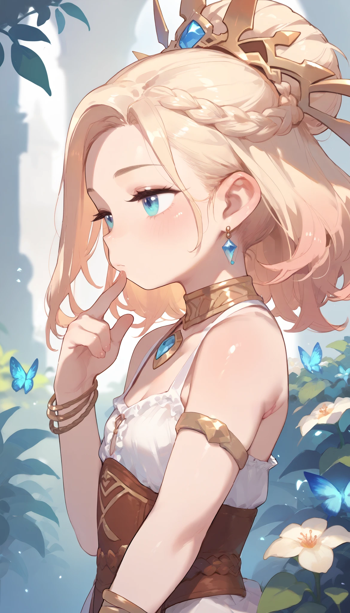 Anime girl in white dress with blue eyes and gold jewelry - SeaArt AI