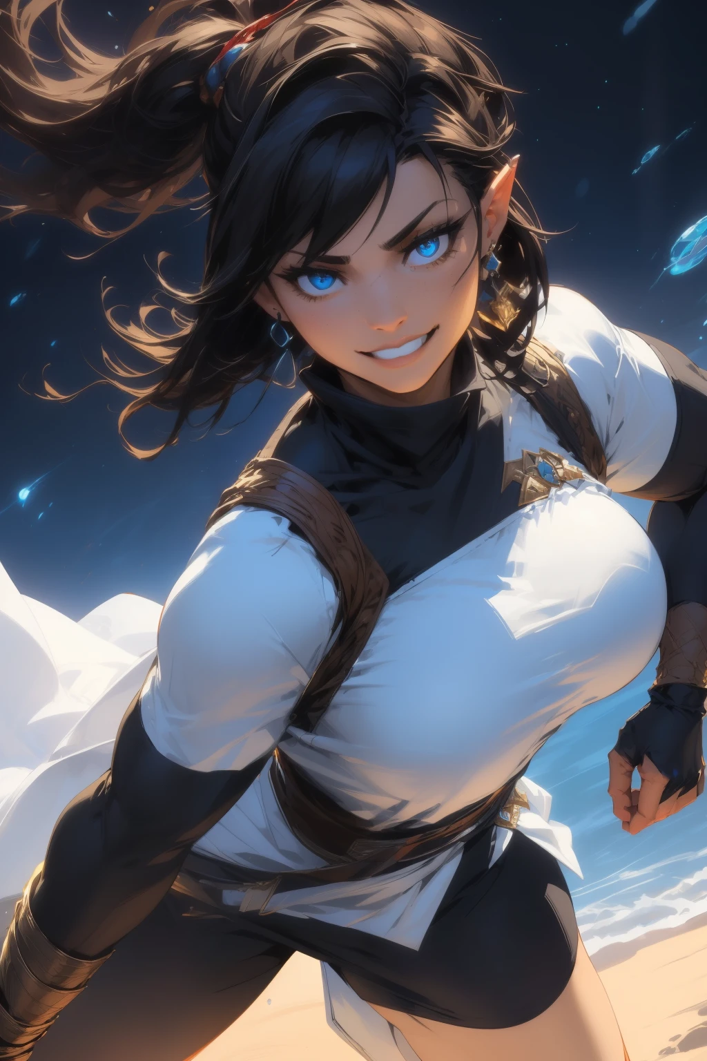 Korra da avatar,(best quality, 4K,8k,high resolution,work of art:1.2)(weather: showing), tundra background, artic village, wide hips, long curly hair, brown hair, freckles, sleeveless crop top, fur belt, bodycon winter skirt, leggings, winter boots, elbow long gloves, light makeup, dark eyeliner, blush, flirting pose, earrings, glowing eyes, ultra detailed, portrait, realistic, beautiful detailed blue eyes, beautiful detailed lips, extremely detailed eye and face, long eyelashes,average, large breasts, flying hair, beaming smile, sexy smile, powerful girl, bright coloured, dramatic lighting, blue flames,