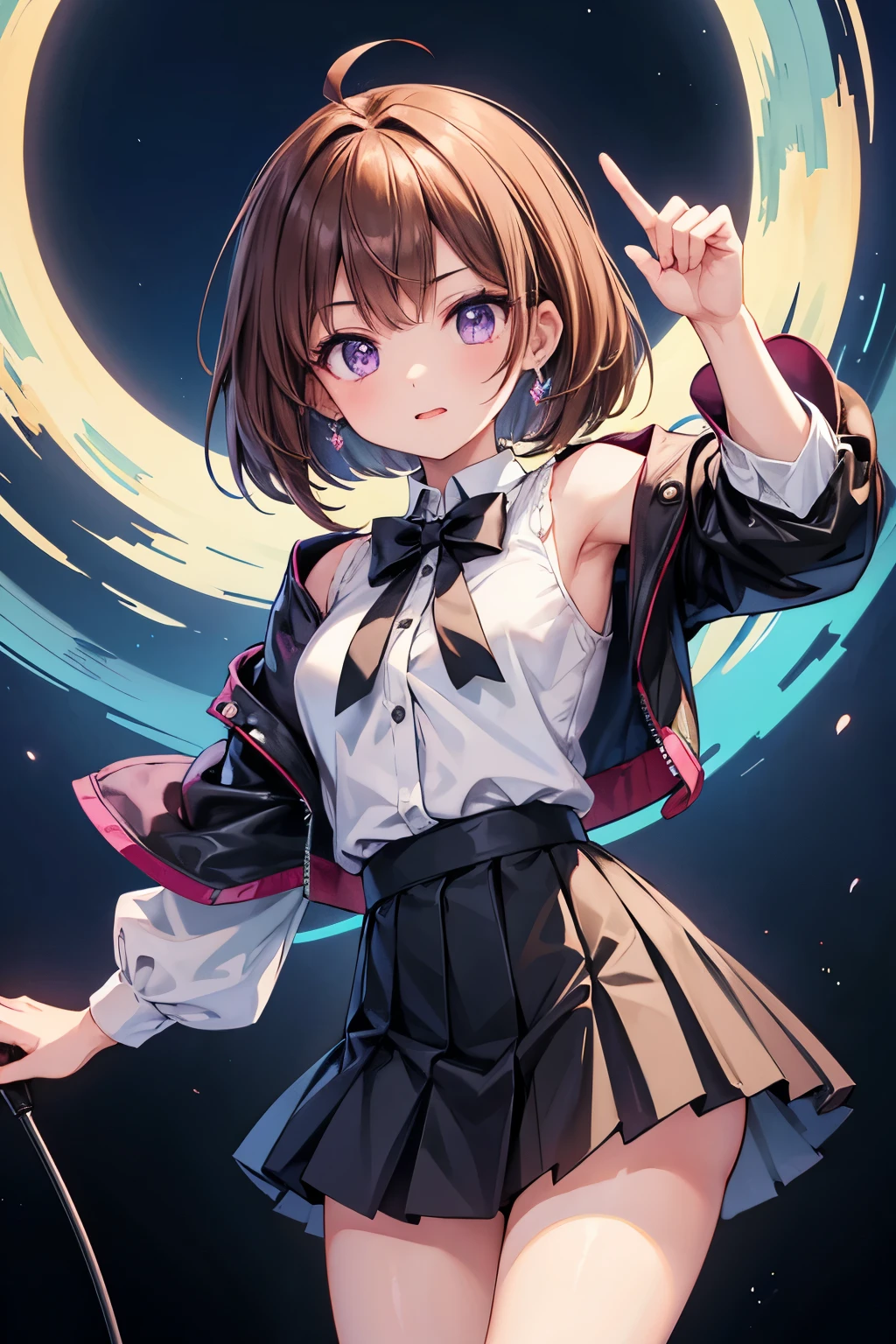 masterpiece, best quality, highres, aamomo,(chibi),short hair, ahoge, hair ornament, black ascot, black dress, short dress, long sleeves, white thighhighs,white panty,cameltoe,panty shot, standing, cowboy shot, smile
