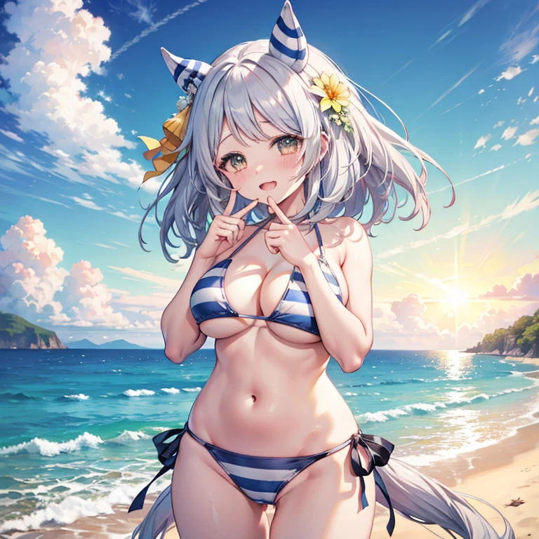 (( best quality)), ((masterpiece)), (  Details), ( ultra high resolution)、Miracle of the Diamond 、
horse ear、 Hair Ornament 、 horse tail、Grey Hair、 yellow eyes、
 perfect face、超 Detailsな肌、(Perfect Fingers、Perfect hands)、 perfect body、 
(((striped bikini 1.0)))、 Big Breasts 、 
 standing、whole body、( cowboy shots 1 and 3)、 chubby figure、 
blush、 embarrassed 、Open Mouth Smile、 Arms folded behind back、
sun、blue sky、sea、beach、 professional lighting、８k、