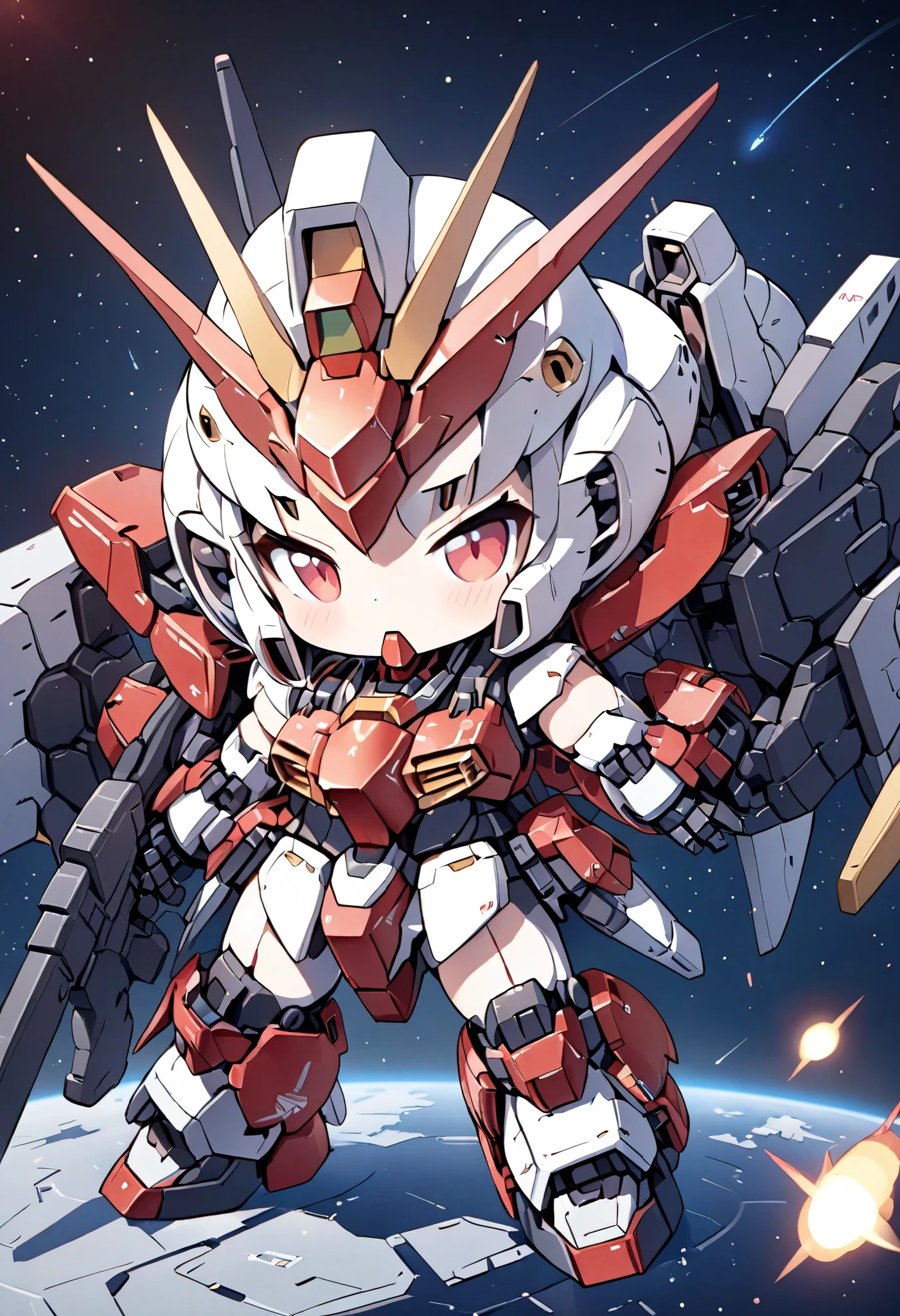 ((masterpiece)), accurate, textured skin, ((super detail)), high quality, high details, highres, best quality, chibi, Gundam, robots, deformed characters, space, star wars, Metallic red armor, Beam rifle, Heavy Armor, girl, shooting stars, mecha_musume