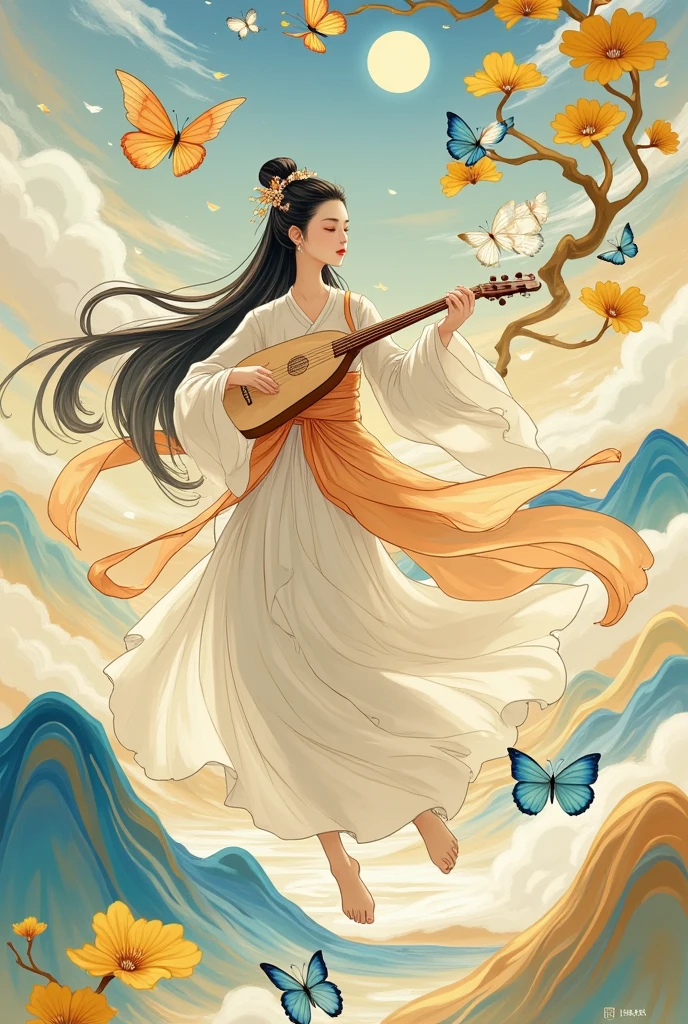 1girl, bird, black hair, blue butterfly, bug, butterfly, butterfly hair ornament, chinese clothes, closed eyes, cloud, dancing, dress, full body, ginkgo leaf, hair ornament, hanfu, holding, holding instrument, instrument, jewelry, long hair, long sleeves, moon, music, playing instrument, shawl, sky, smoke, solo, water, waves, white butterfly, wide sleeves, yellow butterfly