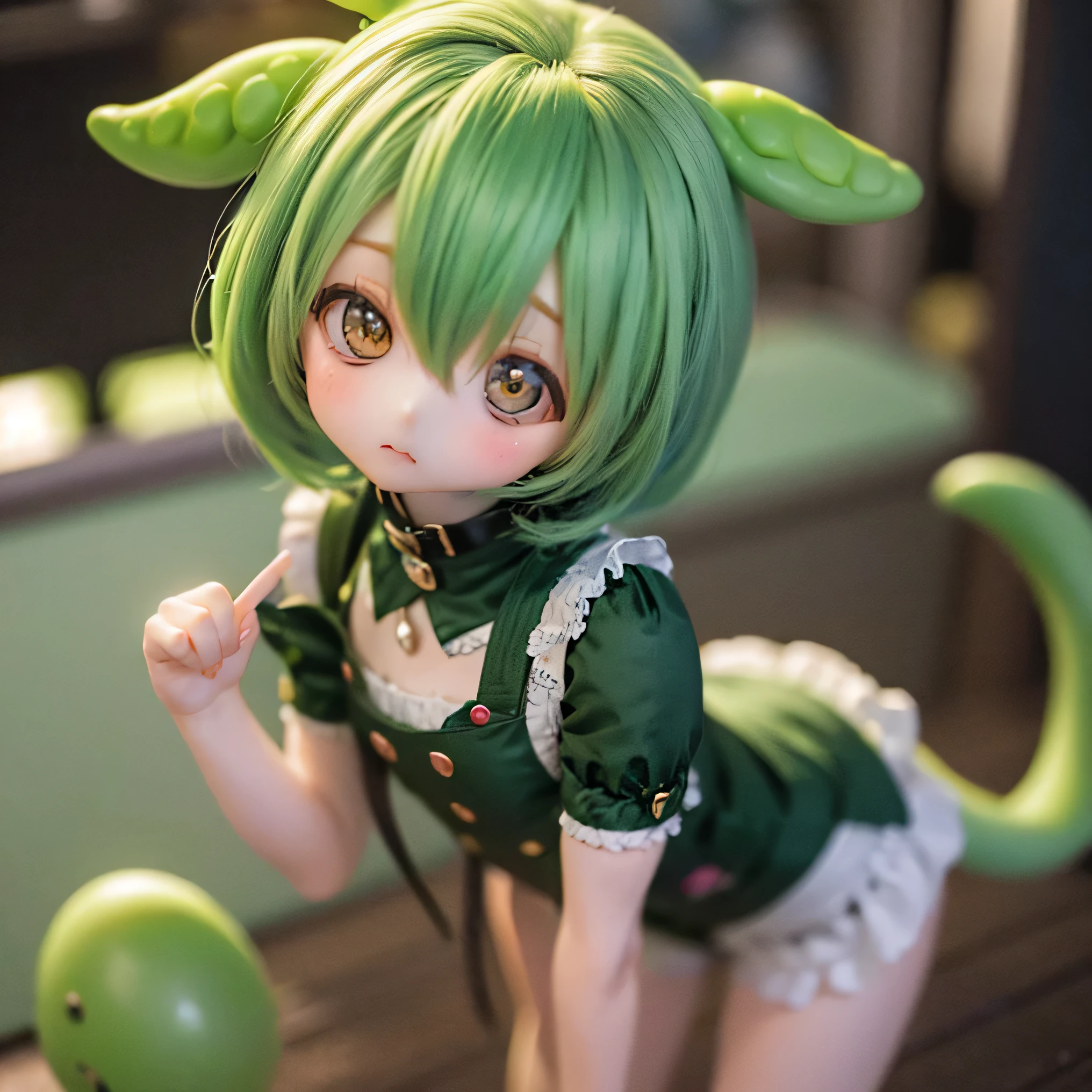   chibi style, Cute green-haired Zundamon girl poses and eats sweets  ,   Big Eyes, Detailed Features,     cute expression    ,  pastel,     soft writing ,     Fantasy Style  , 8k,     High Quality    ,  super detailed, Realistic, photoRealistic、Walking around the city