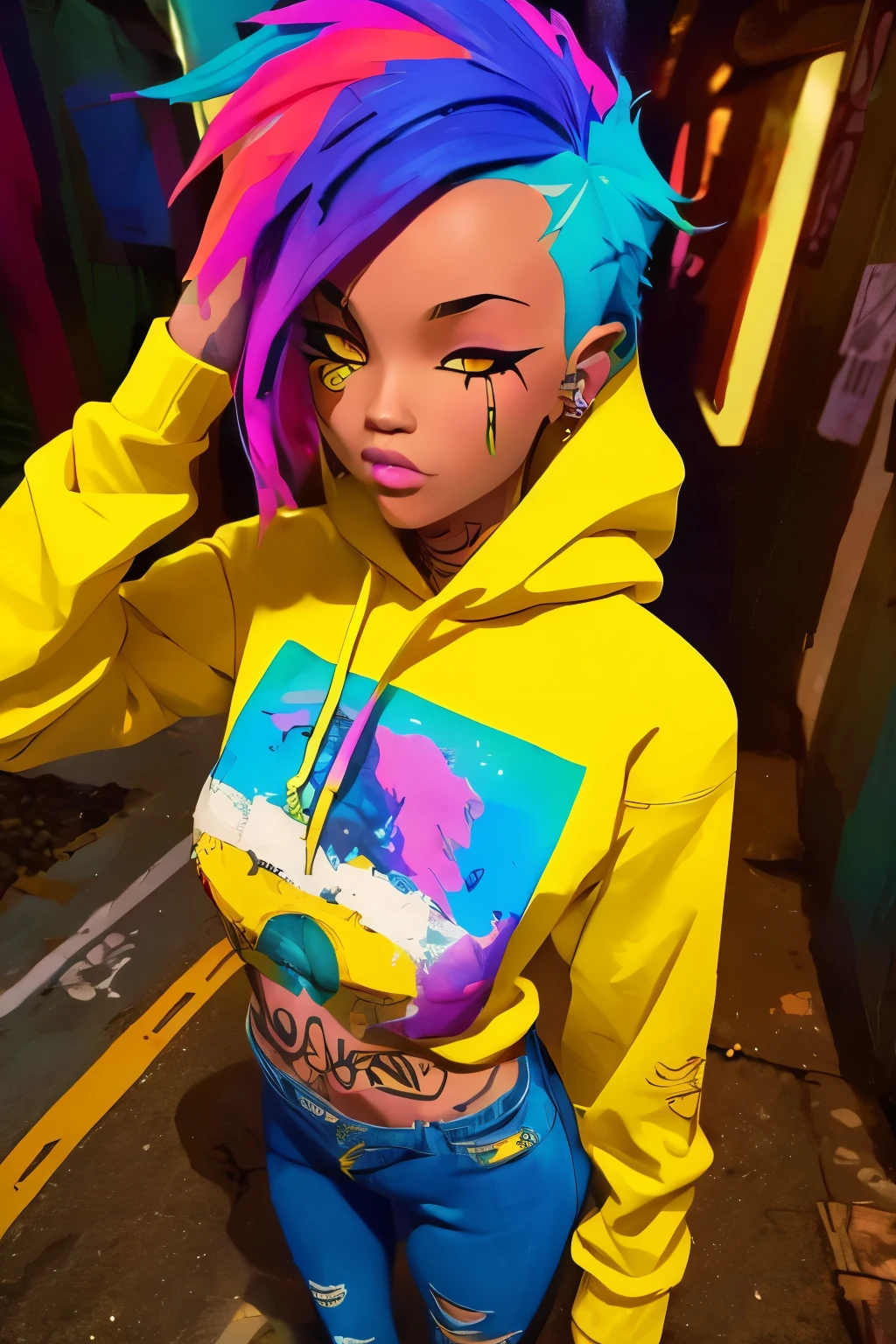 The most beautiful and sexy punk girl, rainbow colored hair, yellow eyes, wearing hoodie, graphic t-shirt, torn skinny jeans and highly detailed, tons of tattoos and piercings, highly detailed background, perfect masterpiece, high quality, high resolution