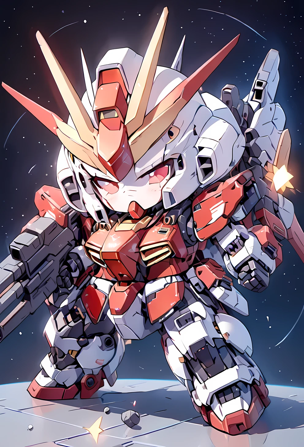 ((masterpiece)), accurate, textured skin, ((super detail)), high quality, high details, highres, best quality, chibi, Gundam, robots, deformed characters, space, star wars, Metallic red armor, Beam rifle, Heavy Armor, girl, shooting stars, mecha_musume