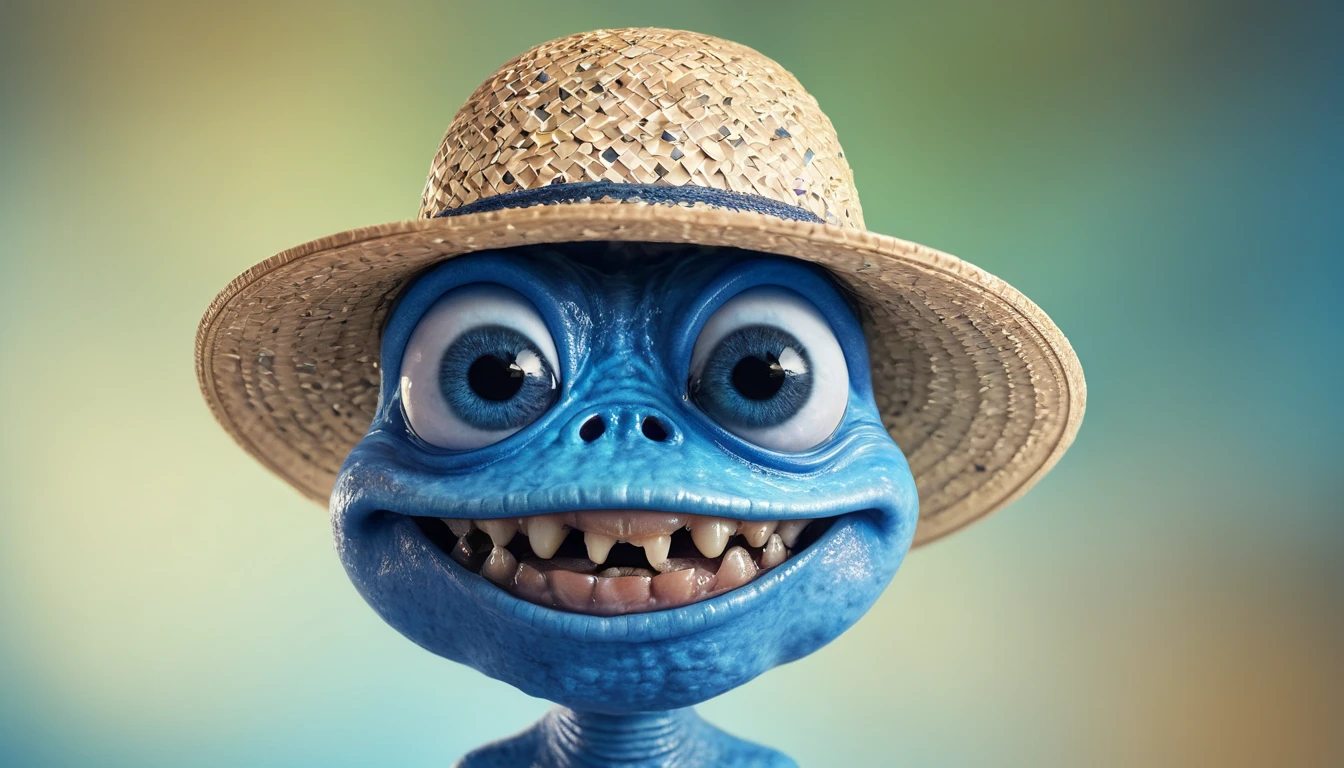 Create a super realistic image of an alien, blue with fat head,  and 2 big black eyes, happy, in a straw hat blurred infinite background