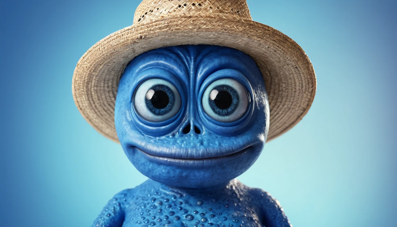 Create a super realistic image of an alien, blue with fat head,  and 2 big black eyes, happy, in a straw hat blurred infinite background