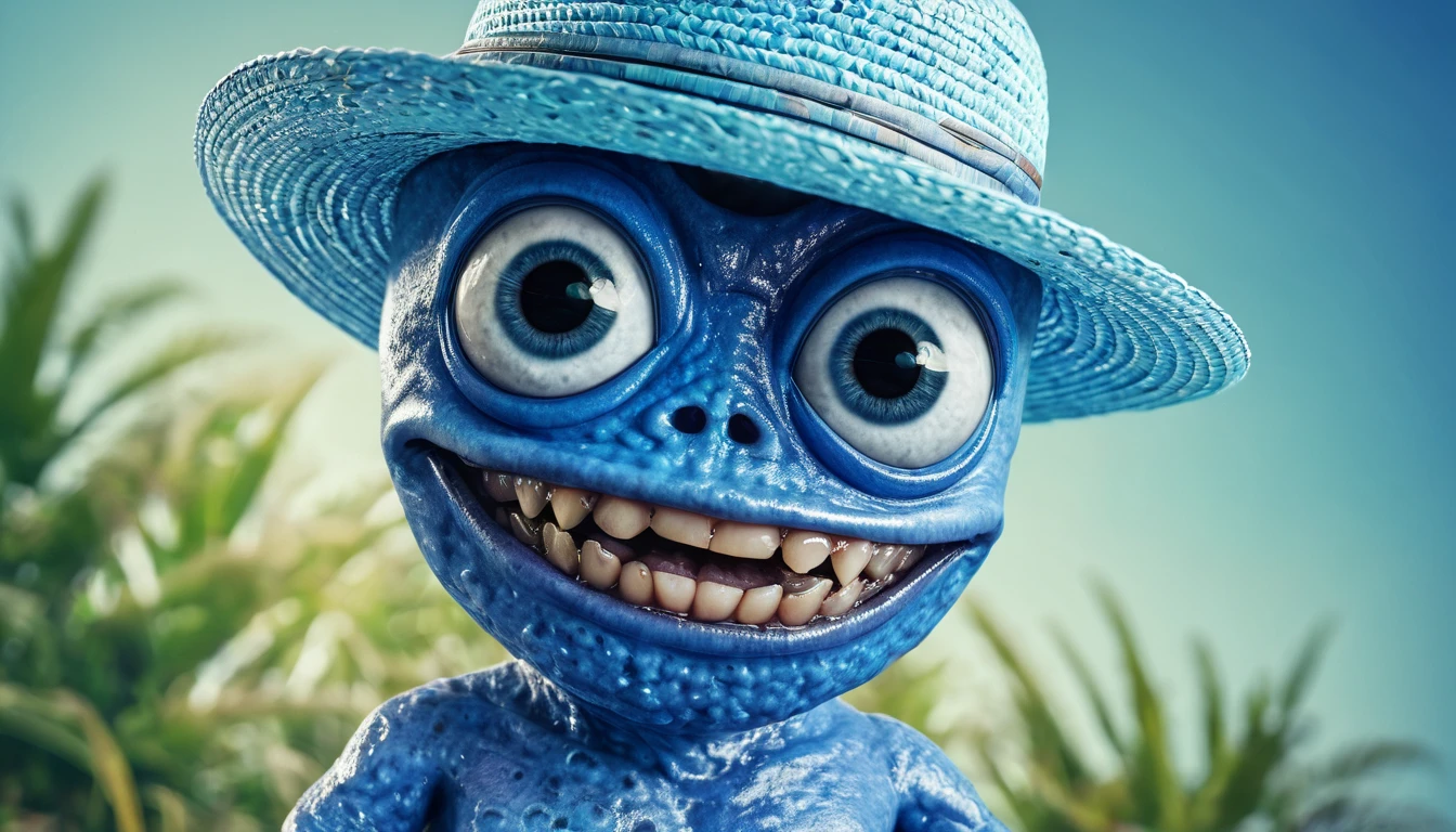 Create a super realistic image of an alien, blue with fat head,  and 2 big black eyes, happy, in a straw hat blurred infinite background