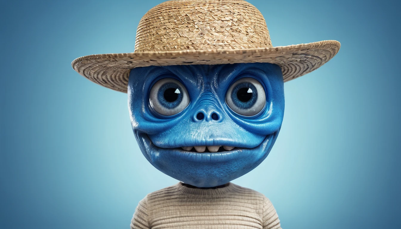 Create a super realistic image of an alien, blue with fat head,  and 2 big black eyes, happy, in a straw hat blurred infinite background