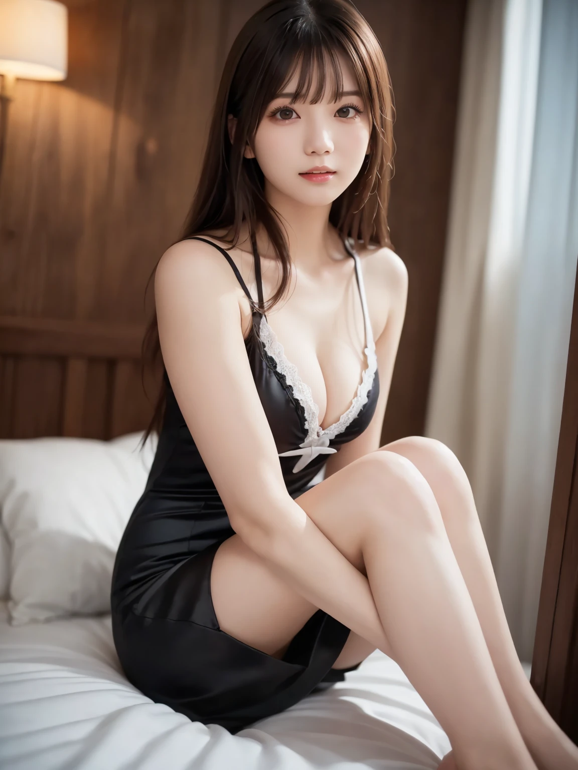   white shirt 、   complex and beautiful eyes、woman、 womanらしい黒髪、( Long Beautiful Legs  : 1.5), (Mysterious One Piece  : 1.6),  skirt、( Delicate and realistic hair、１Realistic hair)、bangs、  natural colored lips、(smile : 1.1)、((white indoor ))、((18歳woman:1.2))、   sit on the face of a young and adorable Japanese person,  Official Art，  Very detailedなCGユニティ8Kの壁紙，（masterpiece:1.0),( best quality:1.0), 超 View in high resolution ,4K,  Very detailed, photo shoot, 8k,  NFSDW  ,  View in high resolution ,   Kodak Portrait 400  ,   film grain,   Lens Flare Glow  ,高いest quality,8k, NFSDW  :1.2),    as a portrait shot ,8k、  viewer, (((Front View))), (((Front View))), ((facing))、 body facing forward、Bold Cleavage、 Tight chest、  small face ,  best quality、 Super beautiful images、stand up