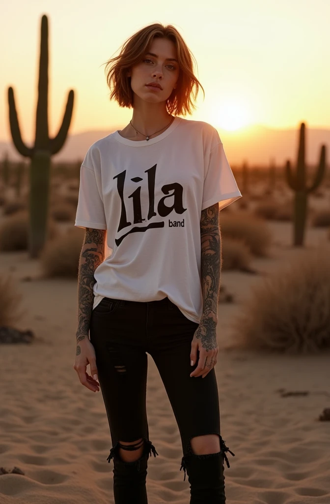 white woman,  pale skin , petite figure,  small breasts,  facing the camera,  looks at the sky,  short hair,  BROWN HAIR, lila band t shirt,  black ripped jeans , Vans shoes ,  stands in the desert , 3 cacti ,  sunset,  fully tattooed arms , casual attitude, tattooed legs, Hochauflösung, 