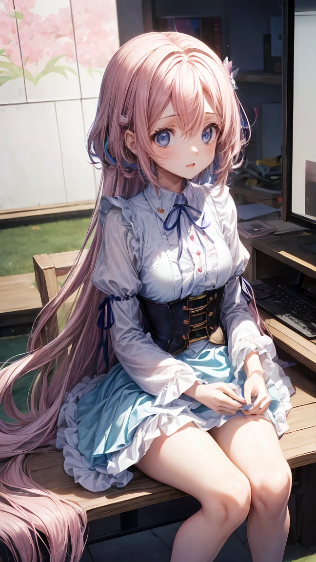 (((((???))))),、1girl, solo, jewelry, pink hair, animal ears, hair ornament, green eyes, fake animal ears, shirt, rabbit ears, heart, chest, white shirt, skirt, cheeks, looking at the audience, parted lips , short sleeves, hairpin, black skirt, watch, necklace, ribbon, long hair, bracelet, sitting, bangs, earrings, hand to face, perspective, watch, hand to cheek, (Dynamic Pose, Very detailed and beautiful girl, intricate-detail, Beautiful detailed girl, Game CG, Highly detailed body, delicate and intricate hair, realistic and detailed face, Highly detailed eyes and face, Intricate details are beautiful and delicate eyes, Delicate arm and  hands, Human Hands, Real skin texture, Exquisite fabric, plein air, Indoor , beautiful and clear background, absurdity, High-precision details, Highly detailed CG Unity 8K, Ultra-detailed)