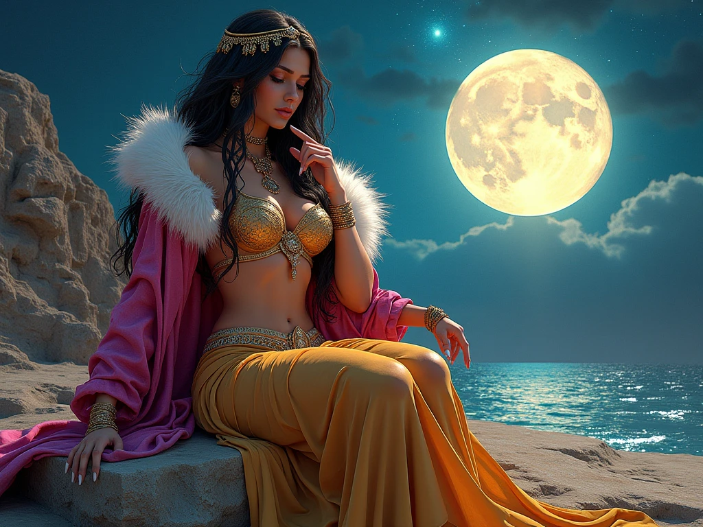 a naked woman sitting on a bed with a full moon in the background, indian god, sexy hot body, big open floor, 8k ”, sexy-s 100, painting of beautiful, massive arch, big puffy lips, pocahontas, inspired by Jitish Kallat