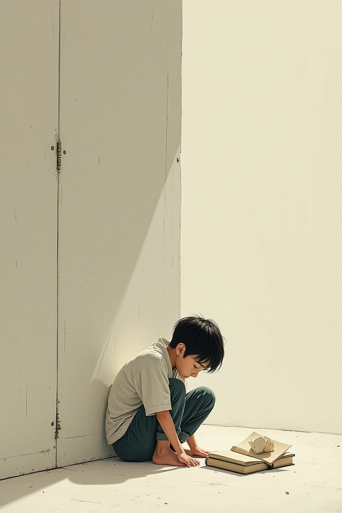 Father, mother and three sons are sitting or standing in the living room, the eight-year-old brother sits alone in a corner and is very sad