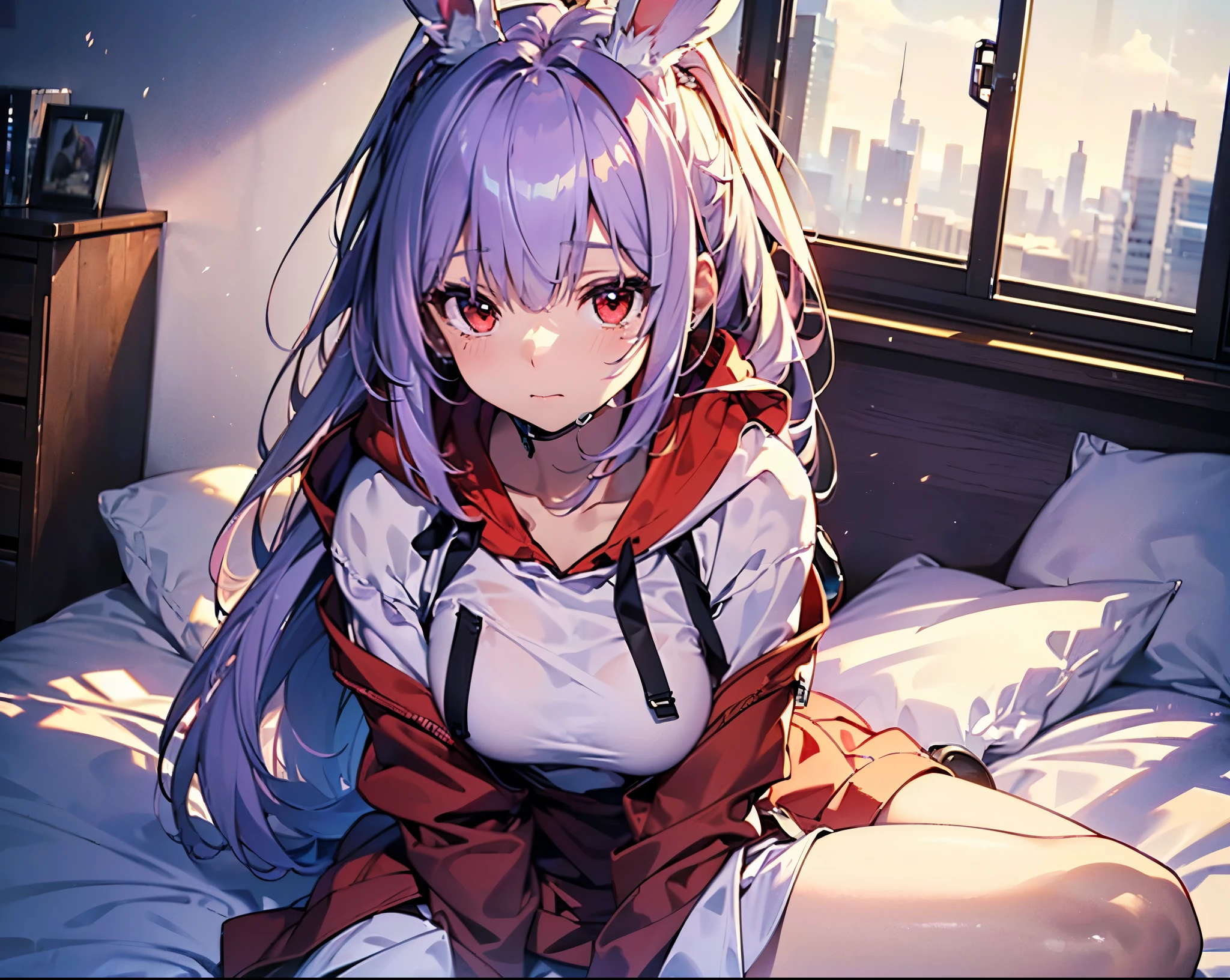 Practical,highest quality, Ultra Detail, High-quality CG rendering, The most delicate and beautiful, Floating softly, High resolution, (1 girl), (Highest quality,4K,8K,masterpiece:1.2), Light purple hair,Rabbit,Bunny ears,Long Hair,Red eyes,(White oversized hoodie:1.3),Inside the room,bed,(bedに座っている:1.4)