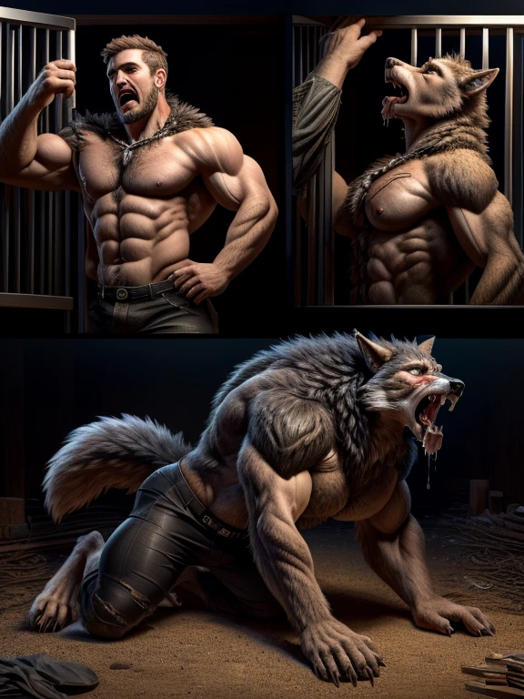 ((   This is the best quality  )), (( masterpiece )), ((4K)) (((  Unique ))), Werewolf，(((  then halved  )))，Gray Wolf,   perfect face ，(((pain, facial pain， Drastic changes   ，Focused expression)))，  Unique ，Masculine charm   ，Endocrine   ，underground cage，   Delicate eyes ，   palms into claws ，bowed legs  ，( muscle )，(Large target   )，(   ripped black shorts )，   howls，look up ,(  Detailed torso   )，((( Toe Line    ))),(    Lie down on all fours   )，mid-term transformation，介于人类和Werewolf之间，( Breast enlargement ,   hip bulge)，(side view)，two pictures，   Transformation process    ，Drooling，   Smooth Human Chest 