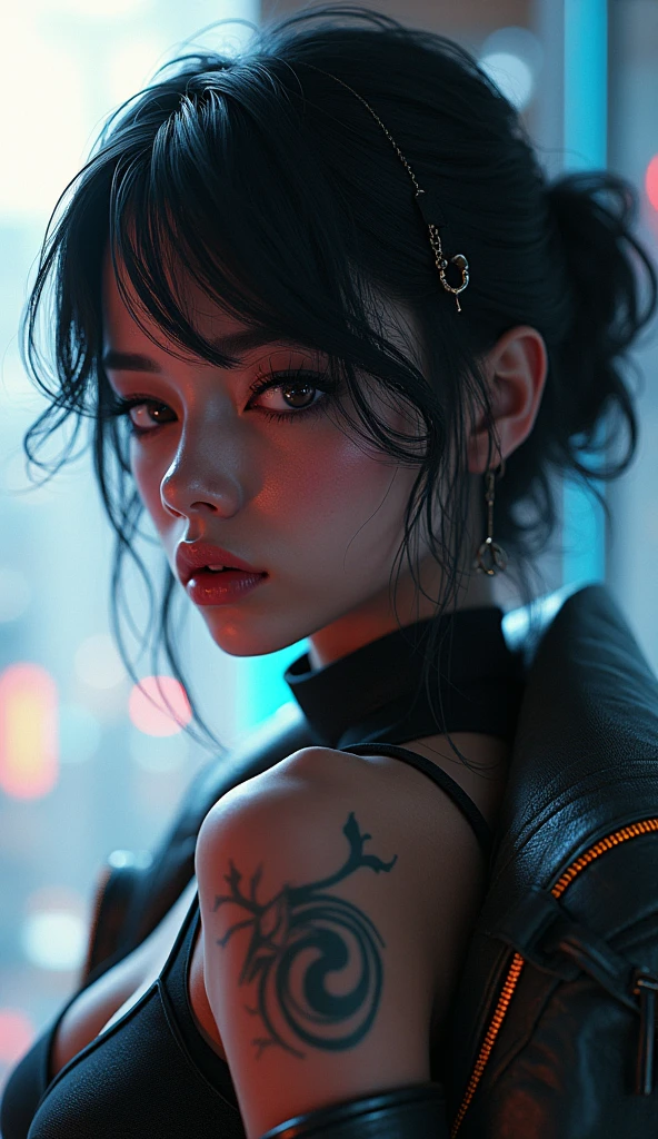 Female Asian, serious face, messy hair tied with neon tips, amber eyes, cybernetics in eyes, scar on left eye, left arm with few Black carbon cybernetics, neon designer coat clothing, tattoo with family symbol on forearm, night alley background, moon reflection on Walter, Pose crouched on the floor against sharpening carbon robot arm blade