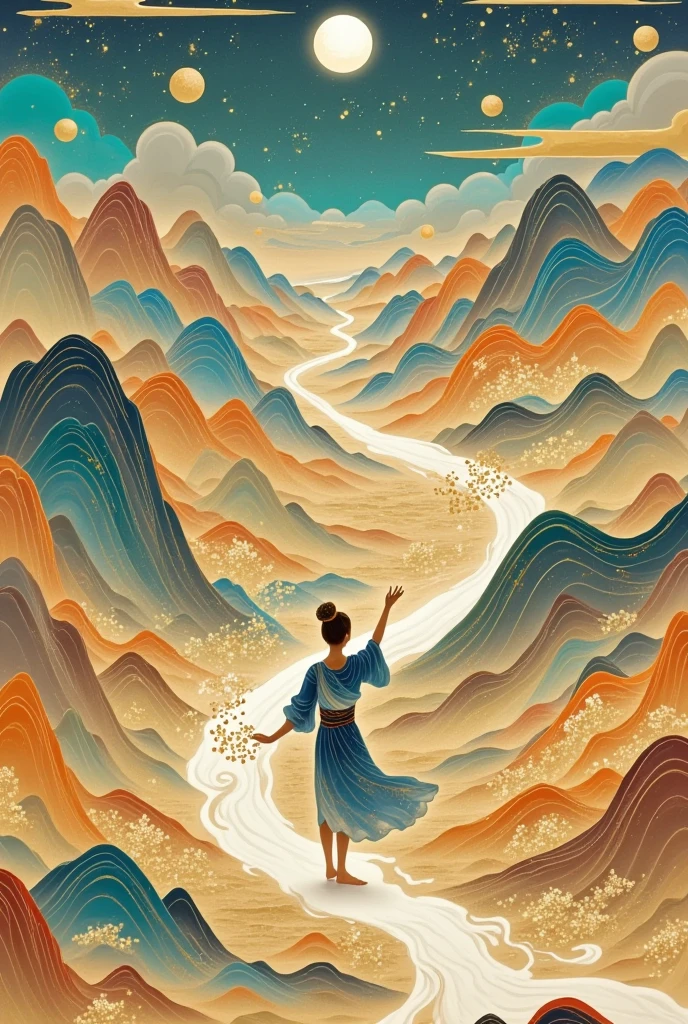 A picture of a person reaching for the moon,  This is an ultra-detailed painting inspired by Victo Ngai, tumblr, Cloisonnism, Wei Weide and surrealism, Wei Weide style, ( ( Wei Weide ) ), Wei Weide! Soft tan, Wei Weide! Silent color 