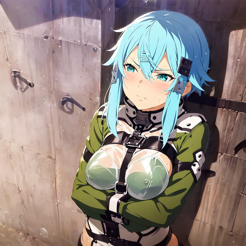  one girl  ,   Movie-like  , Game CG,   Animated Screenshot,   Official Art, masterpiece,   best quality,  Constraints着を着た少女 , Latexstraitjacket, Disheveled Hair, Restraint Belts Everywhere  ,Arms tied, Latex straitjacket , sinonggo, aqua eyes, short hair, aqua hair, sidelocks, hair between eyes, hairclip, hair ornament, green jacket, leotard, scarf, gloves, long sleeves, medium breasts, Constraints,  crosses her arms under her chest, prison, blue hair, Angry face,  blush, Wet clothes,  sheer clothes,   face up ,  face up ,  white bra with room lighting, White clothes,  transparent bra with a belt wrapped around the face,  upper body,  from below, to close range, Kiss, See-through boobs, Wrap the belt around your face, Glare, Look down