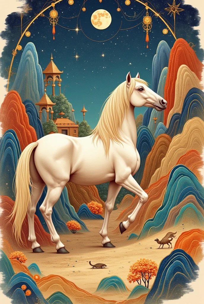  Close-up of a horse painting on a new moon,  a beautiful art illustration , Dream Painting, ,  intricate fantasy painting , Wonderful fantasy landscape art ,  Inspired by Victor I ,  is just a joke ,  Arjannel , Fantastic Watercolor , Charming and otherworldly,  Defeated Ngai Style , Illustration Art,  A picture of a richly decorated spaceship