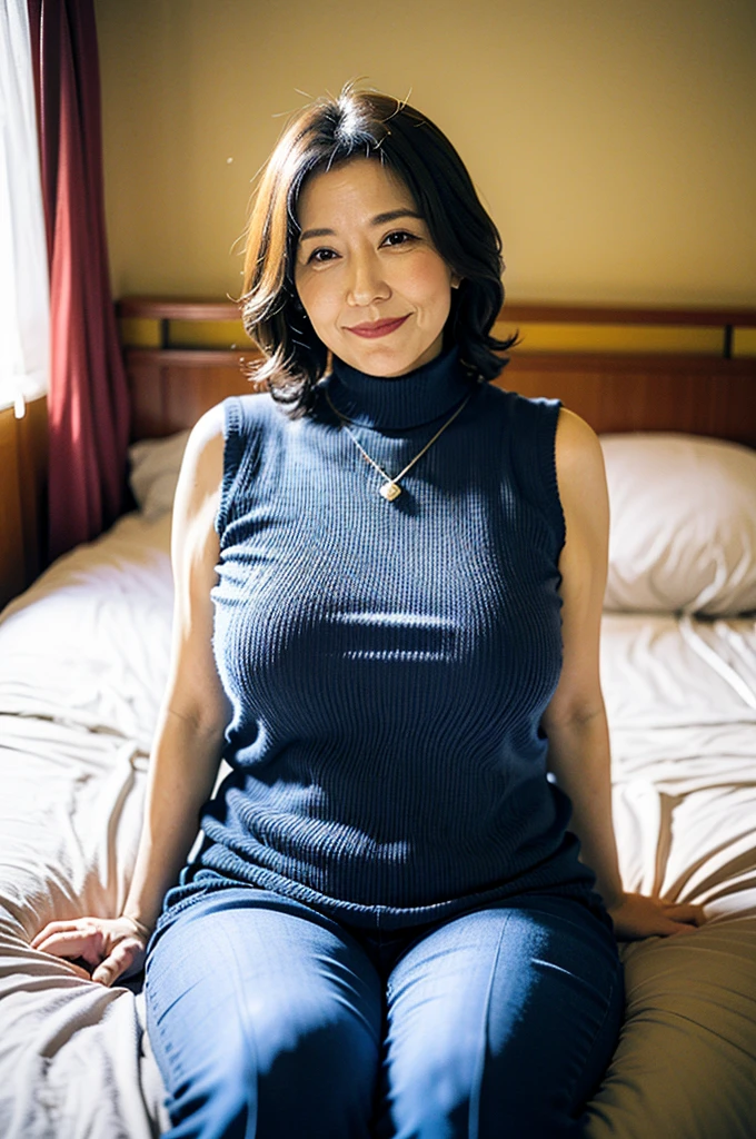 Japanese women、Mature Woman、Big Breast、smile、Wearing a necklace、The whole body is shown、Hotel room、entrance、Large areola、Are fat、wearing  tight sweater、HIGH neck sweater、sleeveless sweater、sitting on the bed、evening、wearing blue jeans pants、High image quality、real photo、borderline sweater、The body is on its side、 putting his hands on his chest、Bright room、wavy hair