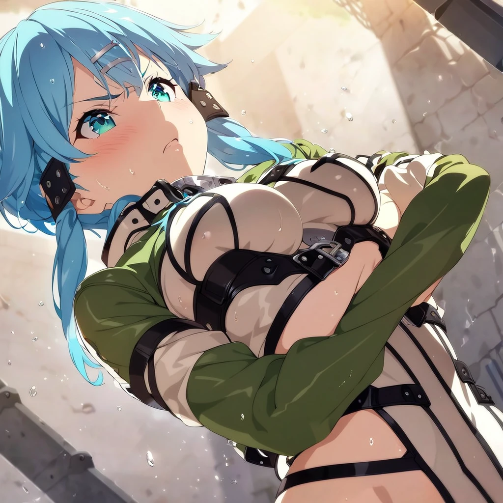  one girl  ,   Movie-like  , Game CG,   Animated Screenshot,   Official Art, masterpiece,   best quality,  Constraints着を着た少女 , Latexstraitjacket, Disheveled Hair, Restraint Belts Everywhere  ,Arms tied, Latex straitjacket , sinonggo, aqua eyes, short hair, aqua hair, sidelocks, hair between eyes, hairclip, hair ornament, green jacket, leotard, scarf, gloves, long sleeves, medium breasts, Constraints,  crosses her arms under her chest, prison, blue hair, Angry face,  blush, Wet clothes,  sheer clothes,   face up ,  face up ,  white bra with room lighting, White clothes,  sheer bra,  upper body,  from below, to close range, Kiss, See-through boobs, Wrap the belt around your face, Glare, Look down