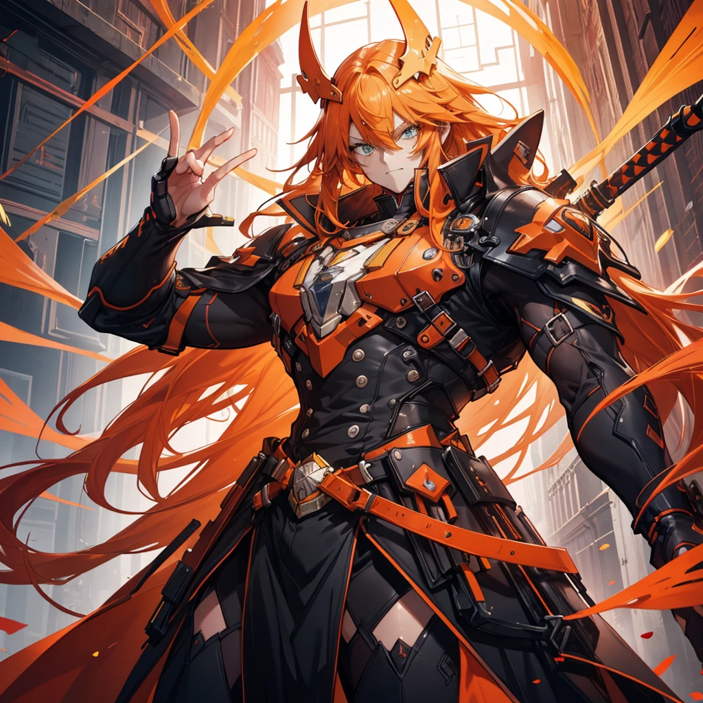 GUILTY GEAR, {{{{{Illustration of a person}}}}, {{{ orange battle coat}}}, Orange and black outfit ,  long brand hair,  straight hair ,  long bangs  ,  close your mouth and laugh , ４０age,  handsome, Narrow green eyes ,  Official Art、  best quality、  Unity 8K Wallpaper 、32K、masterpiece、 super detailed, Male nose, Male Eyes  , Male outline  , {{{ carrying a large red sword }}}, Fighting in the old battlefield ,  acrobatic poses,