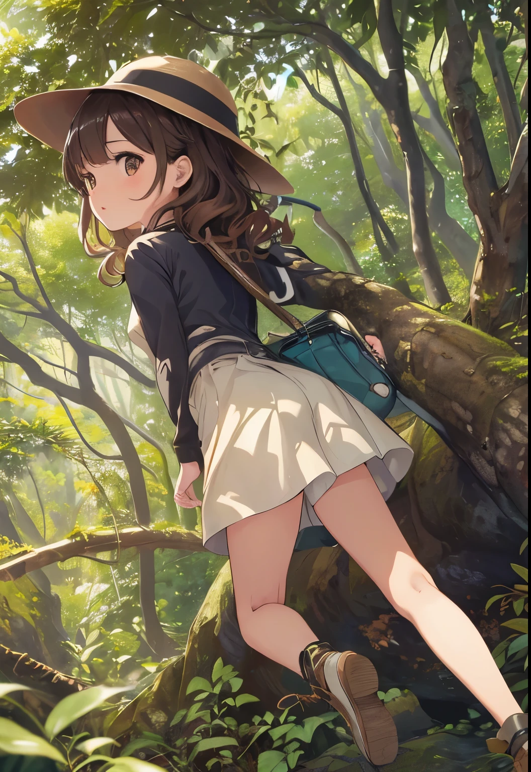 Anime girl in a hat and skirt walking through a forest - SeaArt AI