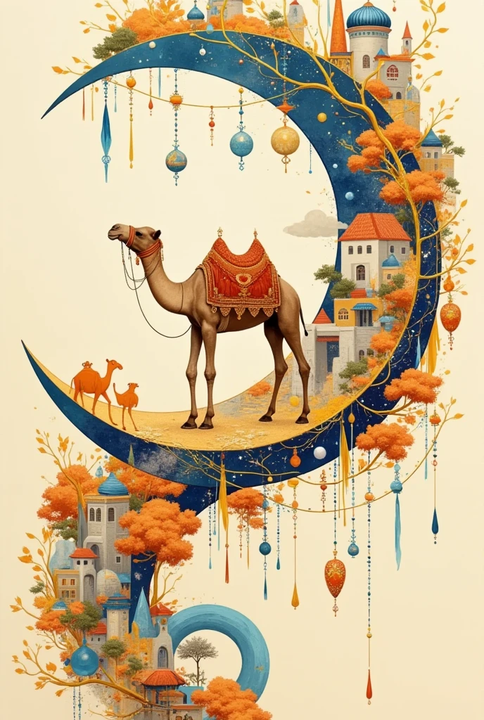 Close-up of a painting of a camel on a crescent moon,  a beautiful art illustration , Dream Painting, ,  intricate fantasy painting , Wonderful fantasy landscape art ,  Inspired by Victor I ,  is just a joke ,  Arjannel , Fantastic Watercolor , Charming and otherworldly,  Defeated Ngai Style , Illustration Art,  A picture of a richly decorated spaceship