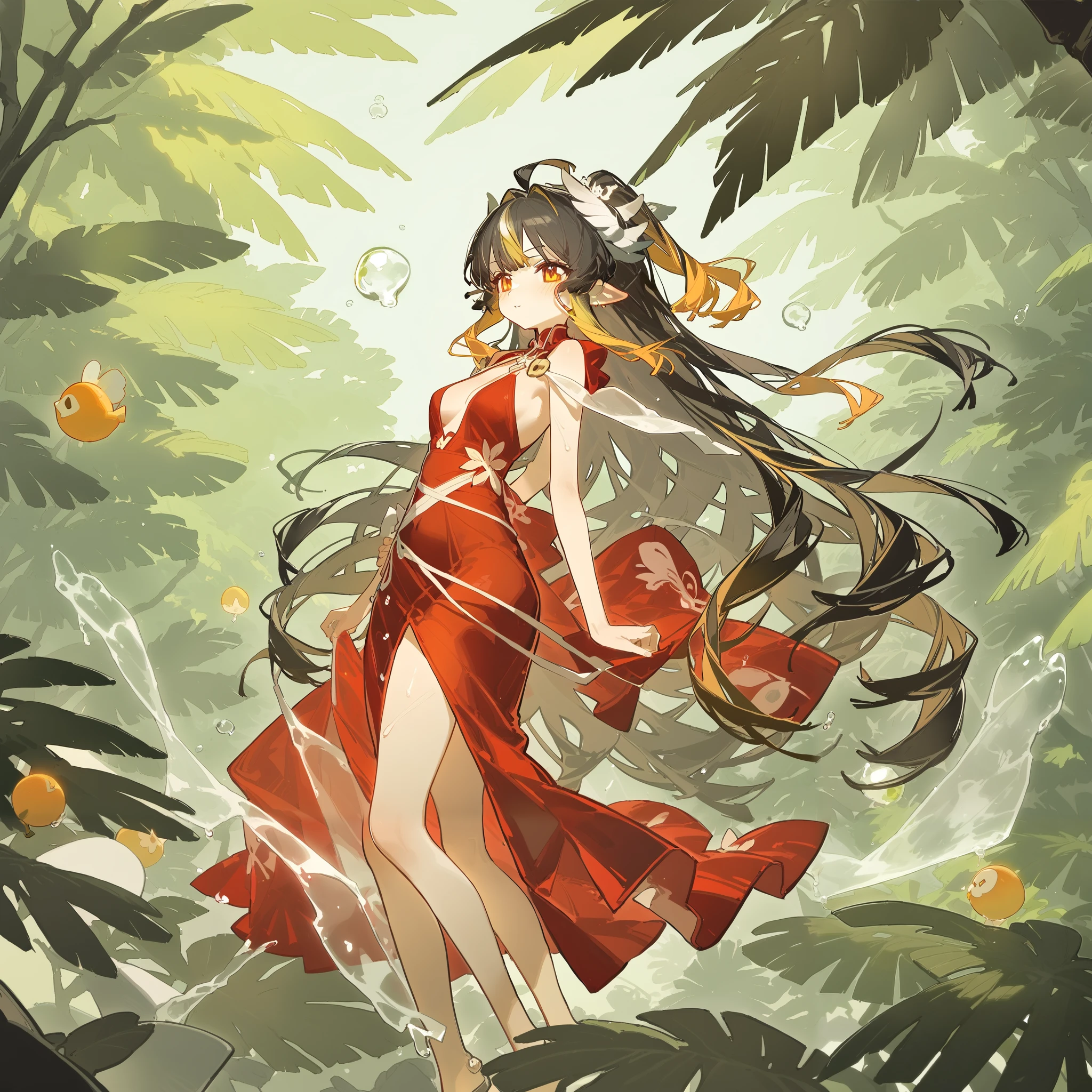 [ fond transparent, ::0.425], masterpiece,  best quality,la chose_mame,Ciloranko,sho_(sho_lwlw), tianliang duohe fangdongye,rhasta,
1fille, Black hair, streaked yellow hair, orange eyes, long hair, red dress
