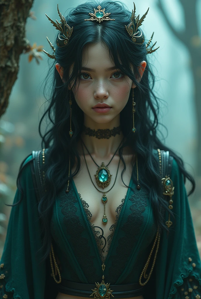 Kae, the Caucasian Elf Queen from Dungeons and Dragons, best quality, ultra-detailed CG unity 8k wallpaper, walking, high resolution, dynamic pose, beautiful face, (Hazel eyes:1.2, dark brown hair:1.3, side parted bangs, shoulder length hair:1.2, slightly curly hair, flowing jade and black dress, tiny boobs, cleavage), depth of field, dark medieval forest, dark light, night time), (high fantasy), holding a druid staff