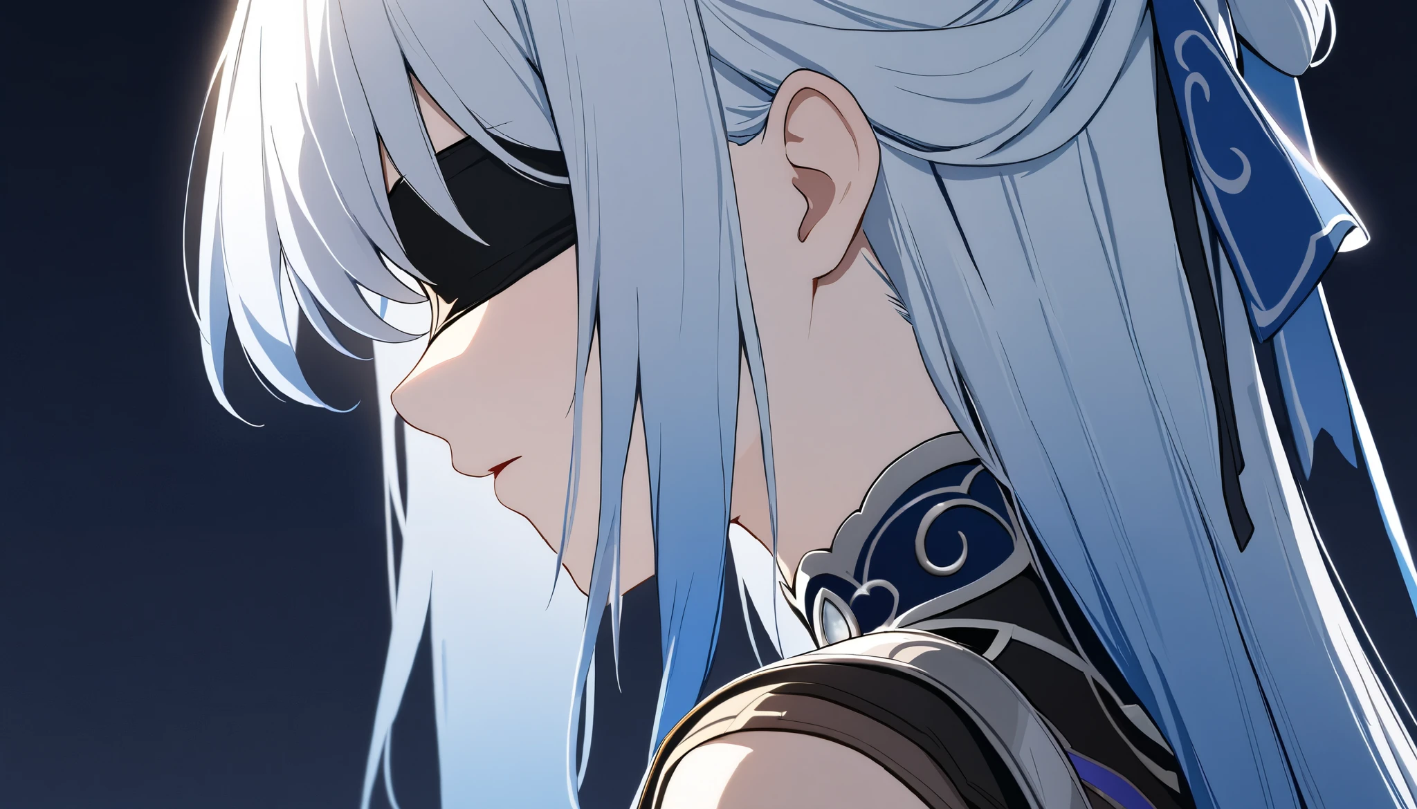 (jingliu), honkai star rail, star rail, (masterpiece), (best quality), (ultra detailed), (illustration), (1girl), blindfold, black blindfold, side profile, (simple background), delicate beautiful face, close up to mouth, ponytail, jingliu, silver hair, bangs, hair ring, best lighting, best shadow, hd