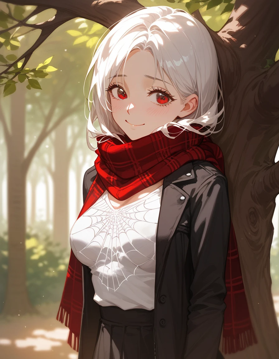 1 person, ,White hair,Beautiful hair , in red eyes ,Black Spiderweb Shirt,Put on a red cobweb scarf, medium breasts,smile,shy, wearing a black skirt,cute,Little one,Hiding Behind Trees ,Yandere,