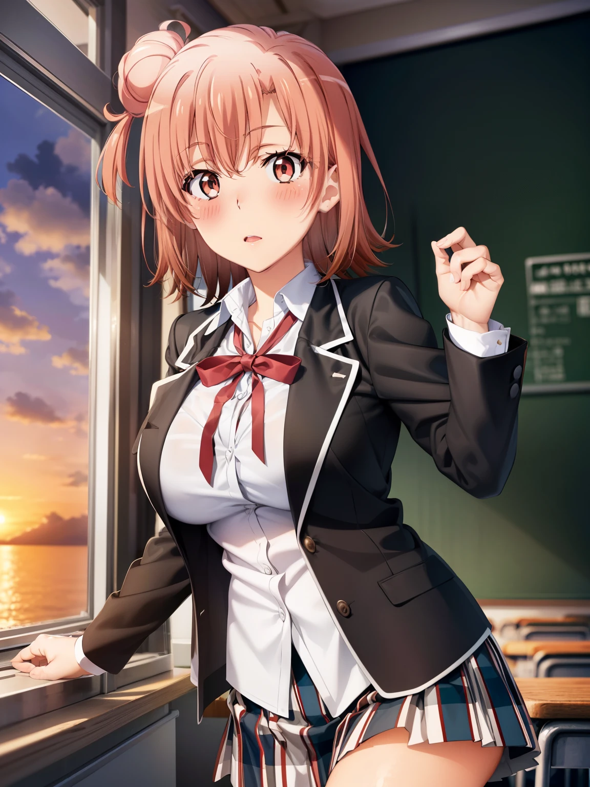 (( best quality,  high definition ,   perfect pixels,  4K)),  (Beautiful anime),  depth of field、
 watching viewers , 
 perfect body, 

 Yuigahama Yui,  bun hair,  Shorthair,　(Big Breasts:1.7)、
short hair, single hair bun, 
neck ribbon, white shirt, dress shirt, blazer, black jacket, open jacket, long sleeves, plaid skirt、

(blush:1.5)、

 School Classroom、sunset、